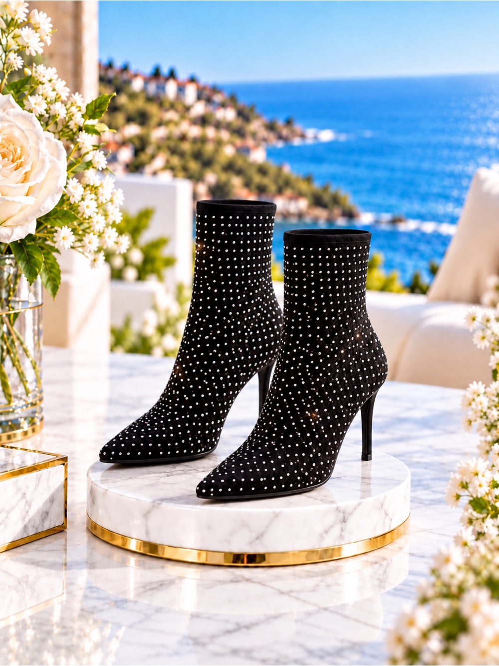 JustFab Black Rhinestone Sock Booties Pointed Toe Stiletto Heel Sparkly Boots